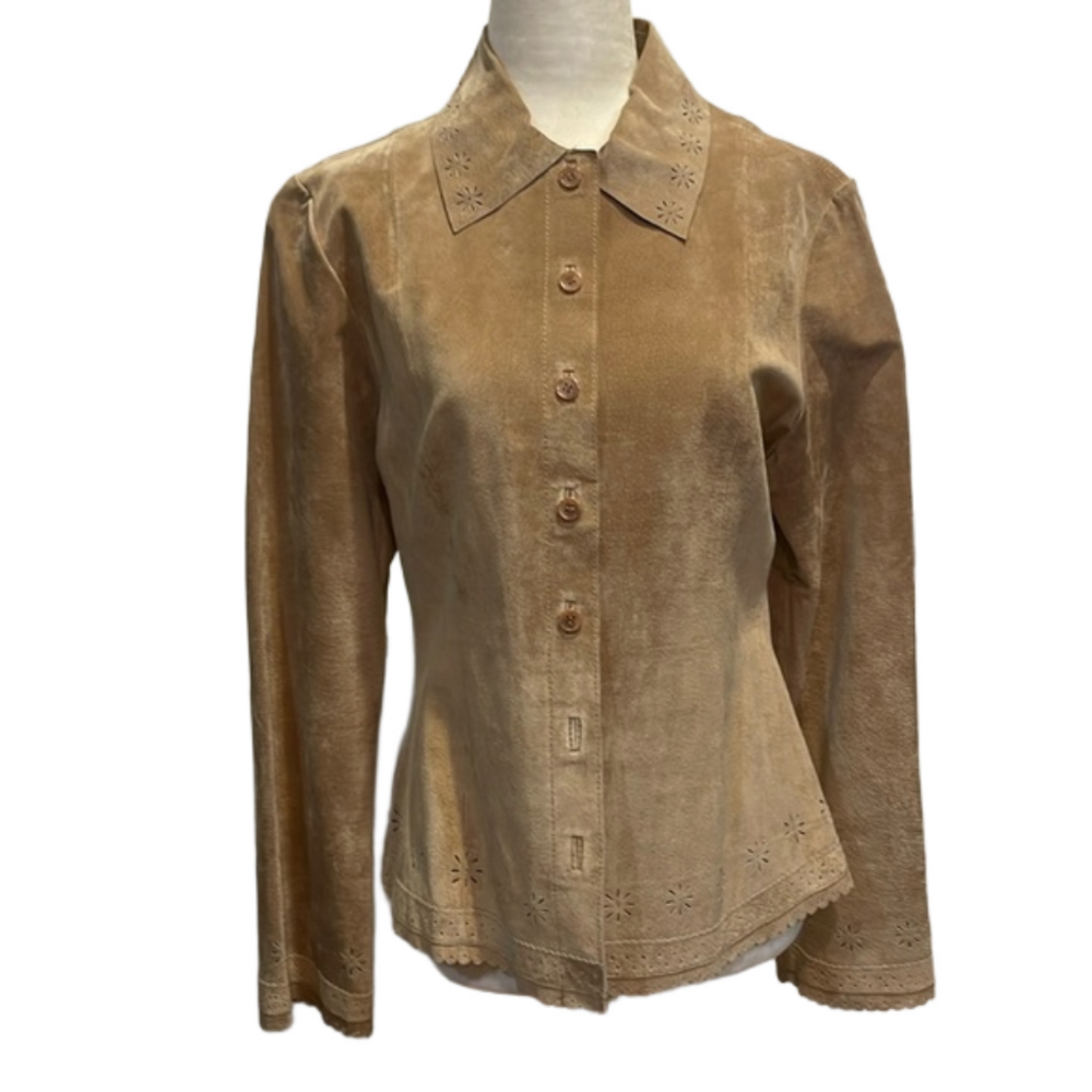 Live A Little Suede Button Down Shirt with Laser Cut Sunbursts